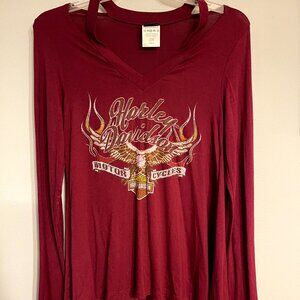 Harley Davidson Long Sleeve T-shirt cold shoulder Maroon Size Medium